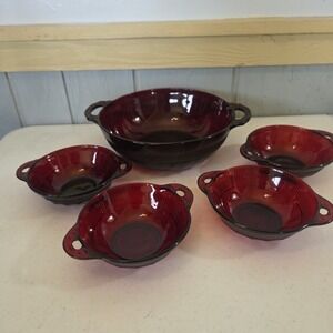 Anchor Hocking Glass 1940s Ruby Red Glass Berry Bowl Set Coronation Handled